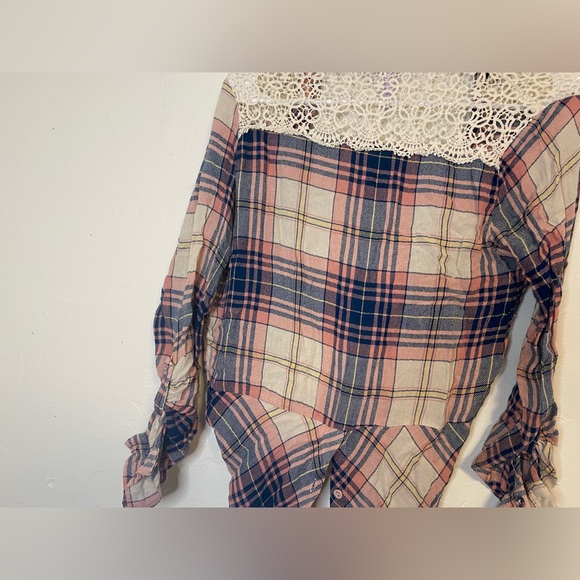 Floral plaid button down top with crochet details in small - Picture 12 of 12